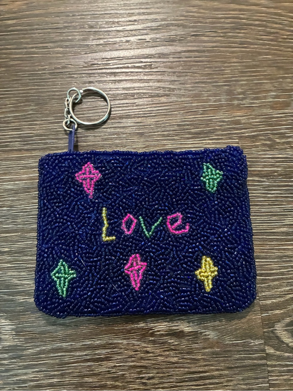Beaded Navy 'Love' Key & Card Pouch with Multicolor Accents